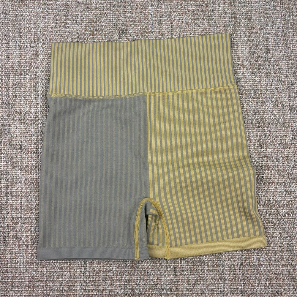 🌿 FP Movement Ribbed Stripe Bike Shorts | Size XS/S | Yellow/ Gray
